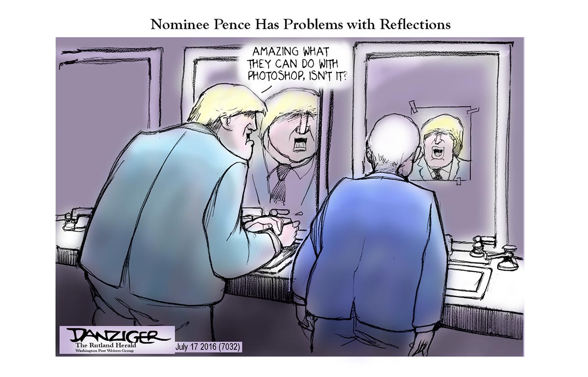 Mike Pence, reflection of daughter, photoshop, Trump Campaign, political cartoon