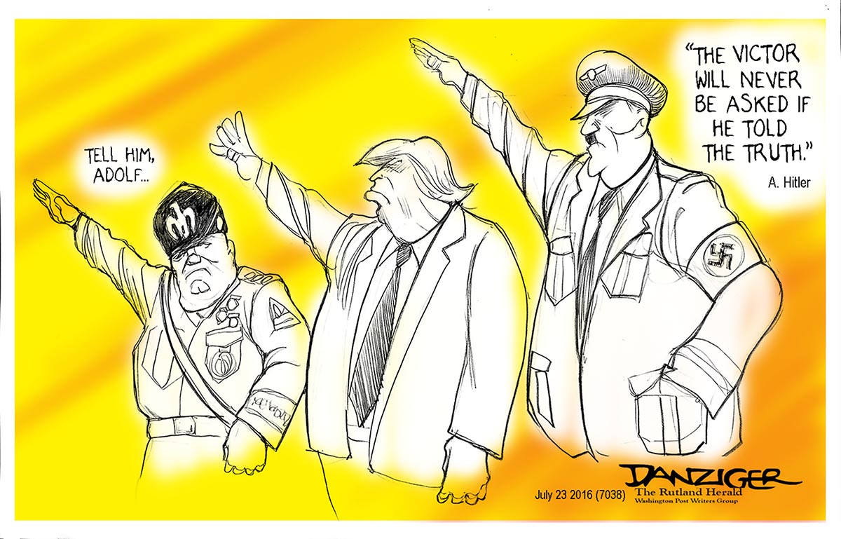 Hitle, Mussolini, Trump, political cartoono