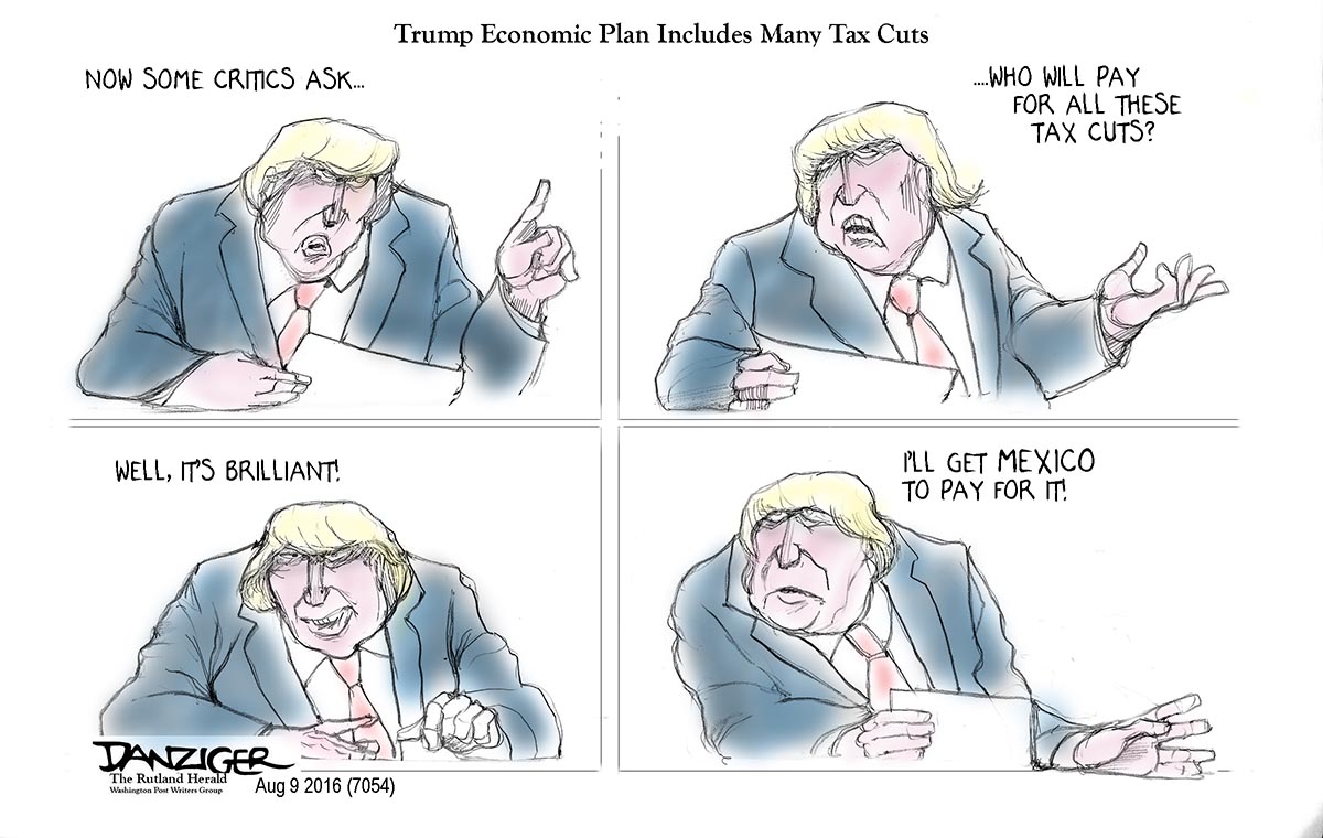 Trump economic plan, tax cuts, Mexico, political cartoon