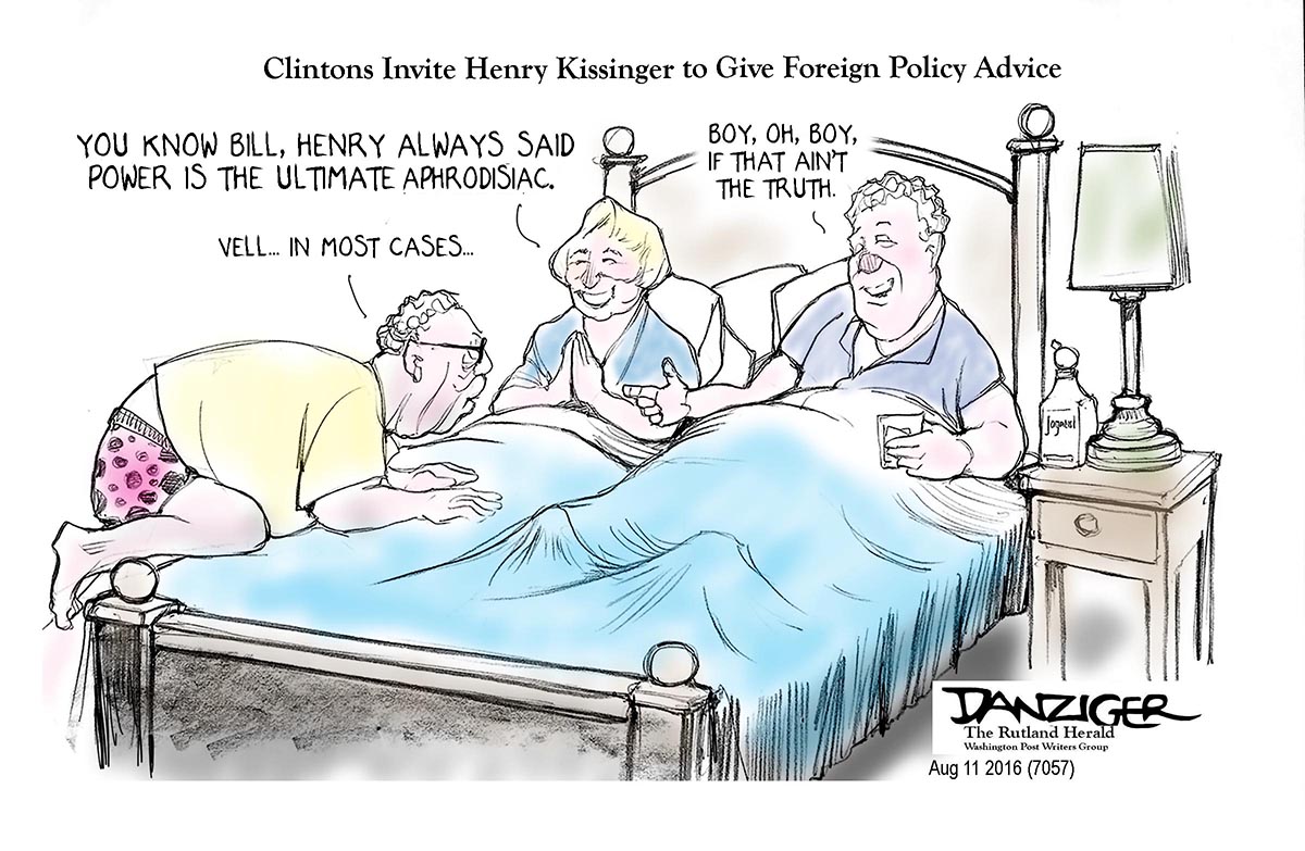 Henry Kissinger, Clintons, power - afrodisiac, political cartoon