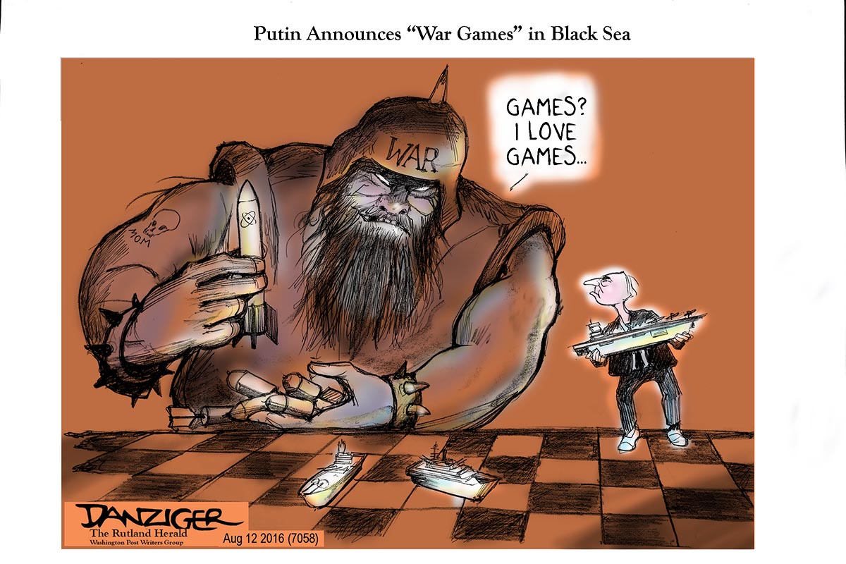 Putin, Black Sea, Ukraine, war games, political cartoon