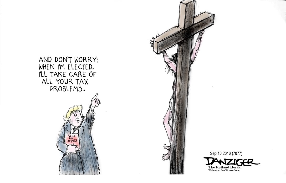 Trump, Christianity, religious tax rules, Values Voters, Jesus, political cartoon
