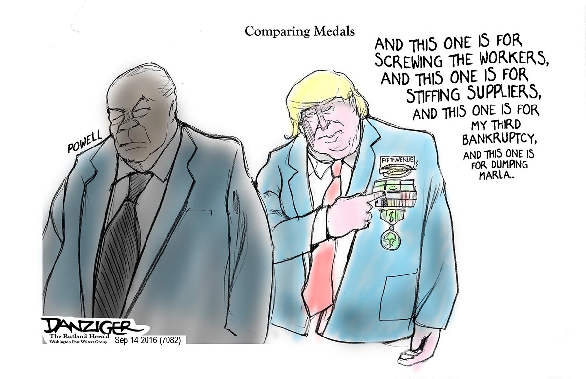 Trump, Colin Powell, medals, military records, political cartoon
