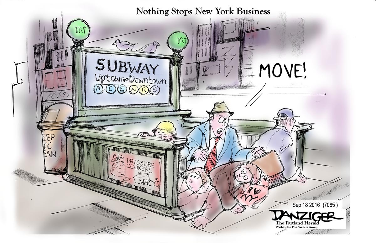 New York City, IED, bvombs, NYC b usiness, political cartoon