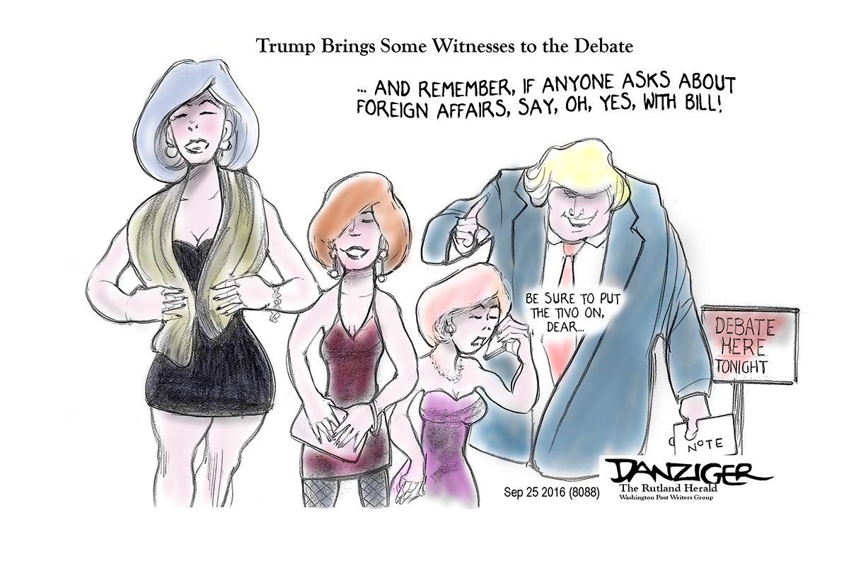 Presidential Debate, Bill Clinton affairs, Trump threats, political cartoon
