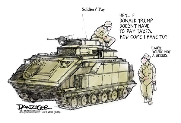 Trump taxes, US troops, soldiers’ pay, political cartoon