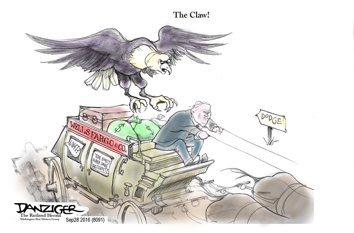 Wells Fargo, clawback, bank fraud, political cartoon