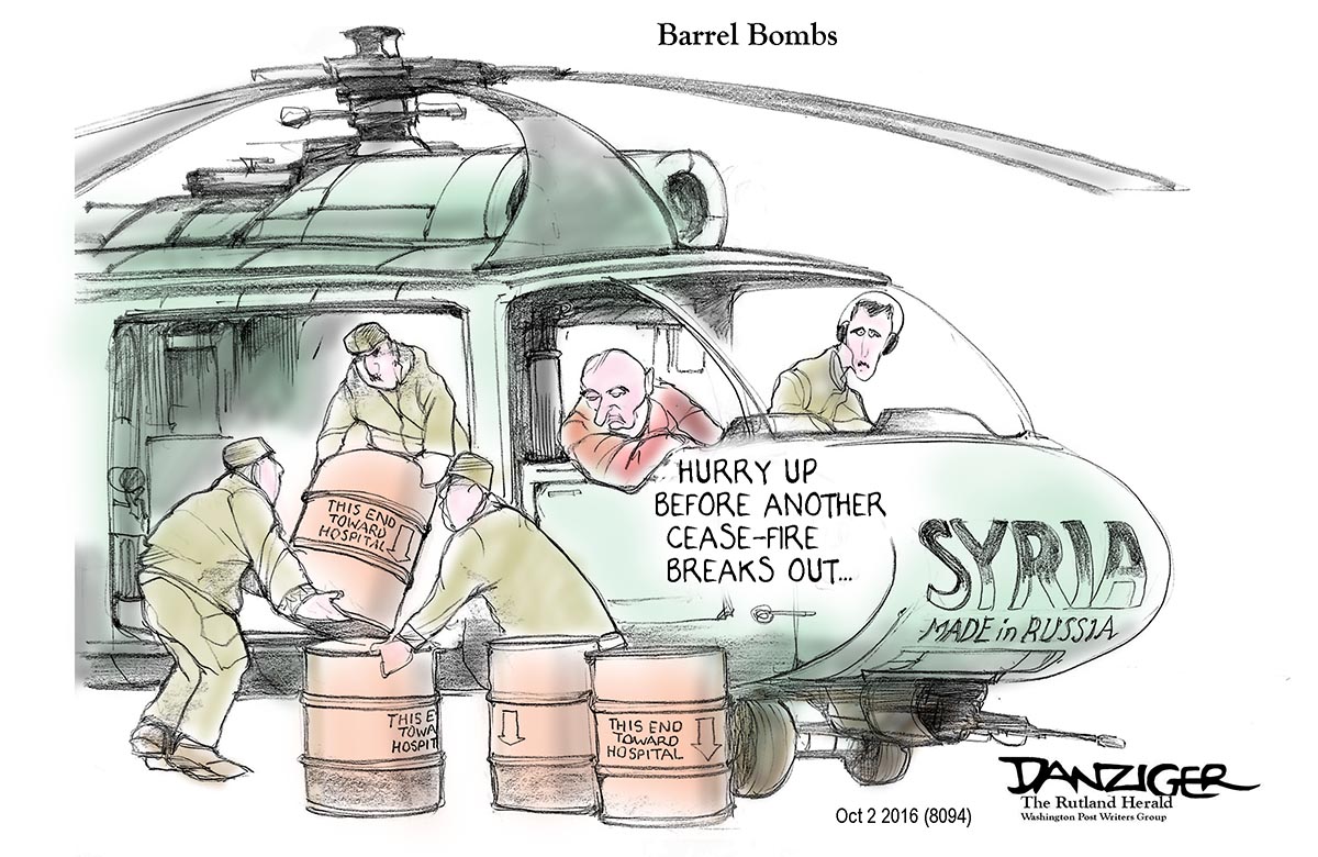 Syria, Barrel Bombs, Putin, Assad, political cartoon
