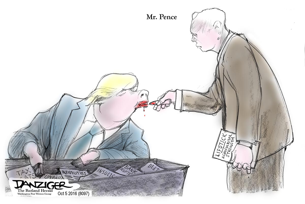 Mike Pence, Trump, lipsticlk on pig, political cartoon