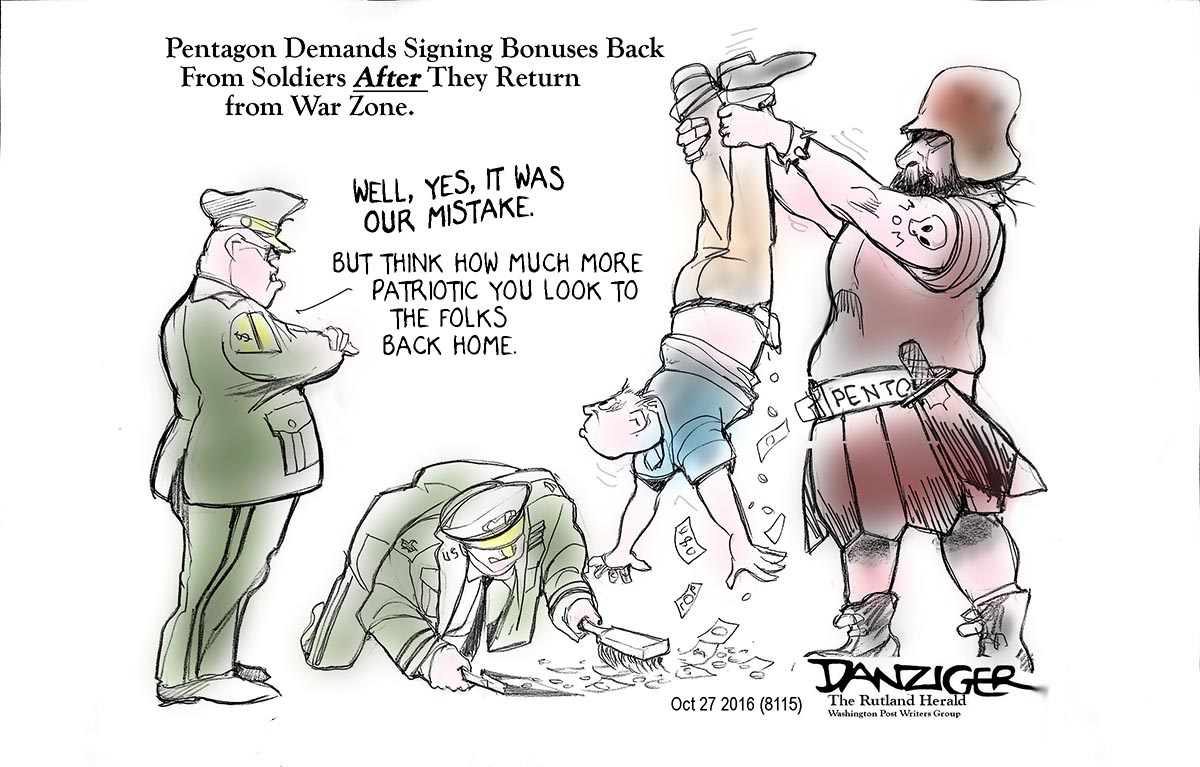 California Guard, bonuses, Pentagon, political cartoon