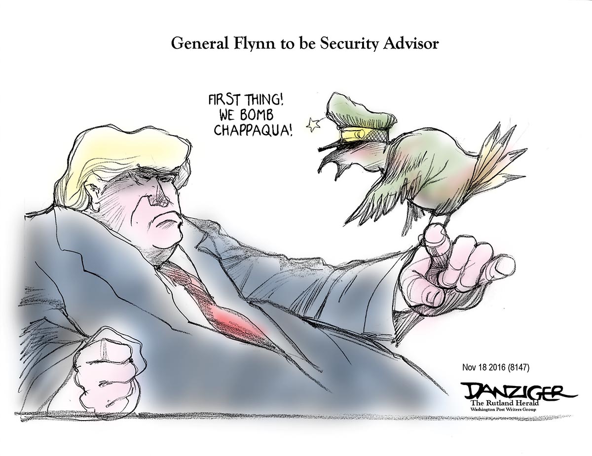 General Michael Flynn, national security advisor, bomb Chappaqua, political cartoon