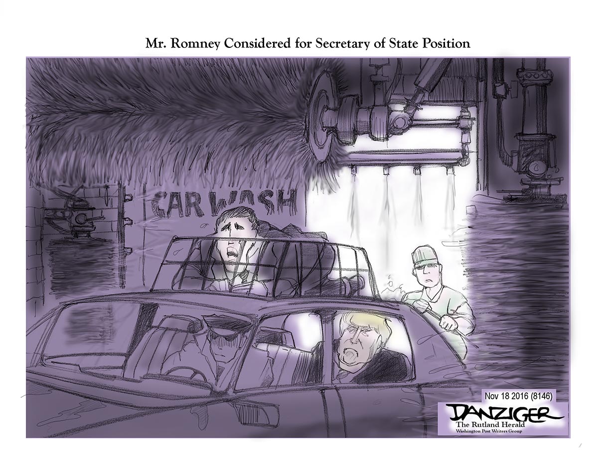 Mitt Romney, Trump Administration, dog on roof, political cartoon