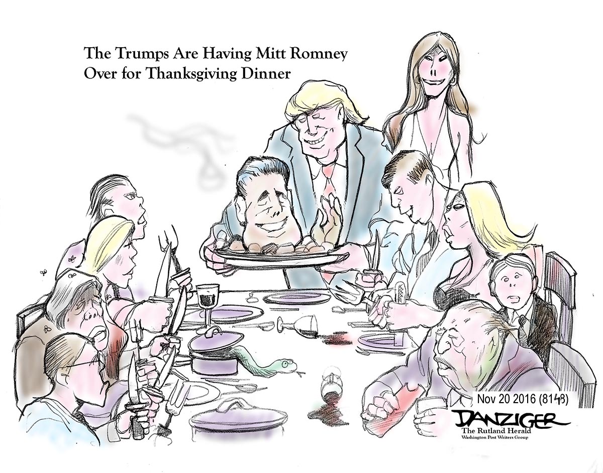 Trumps, Thanksgiving Dinner, Romney, Bannon, Kissinger, political cartoon