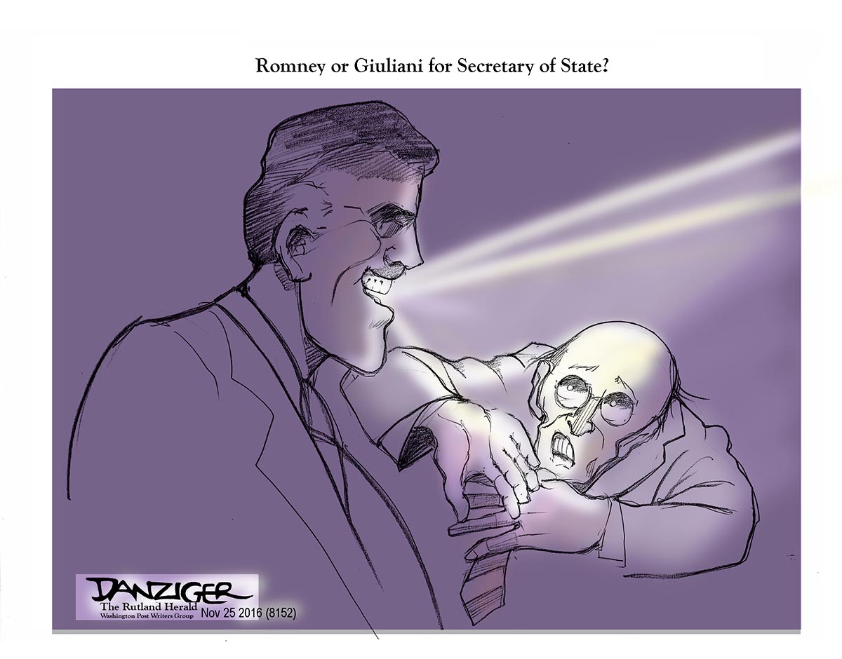 Mitt Romney, Rudy Giuliani, Secretary of State, political cartoon