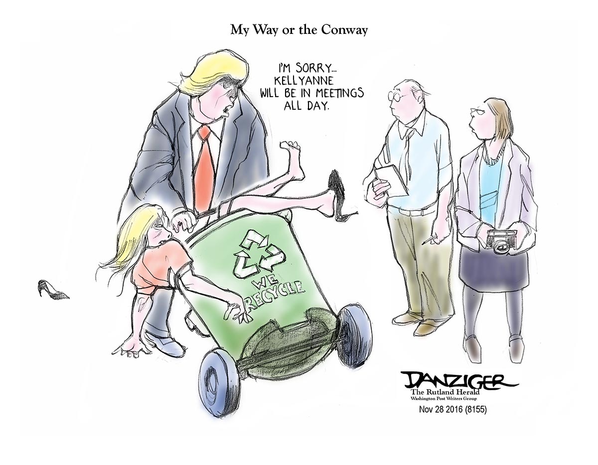 Kellyanne Conway, Trump, staff infighting, political cartoon