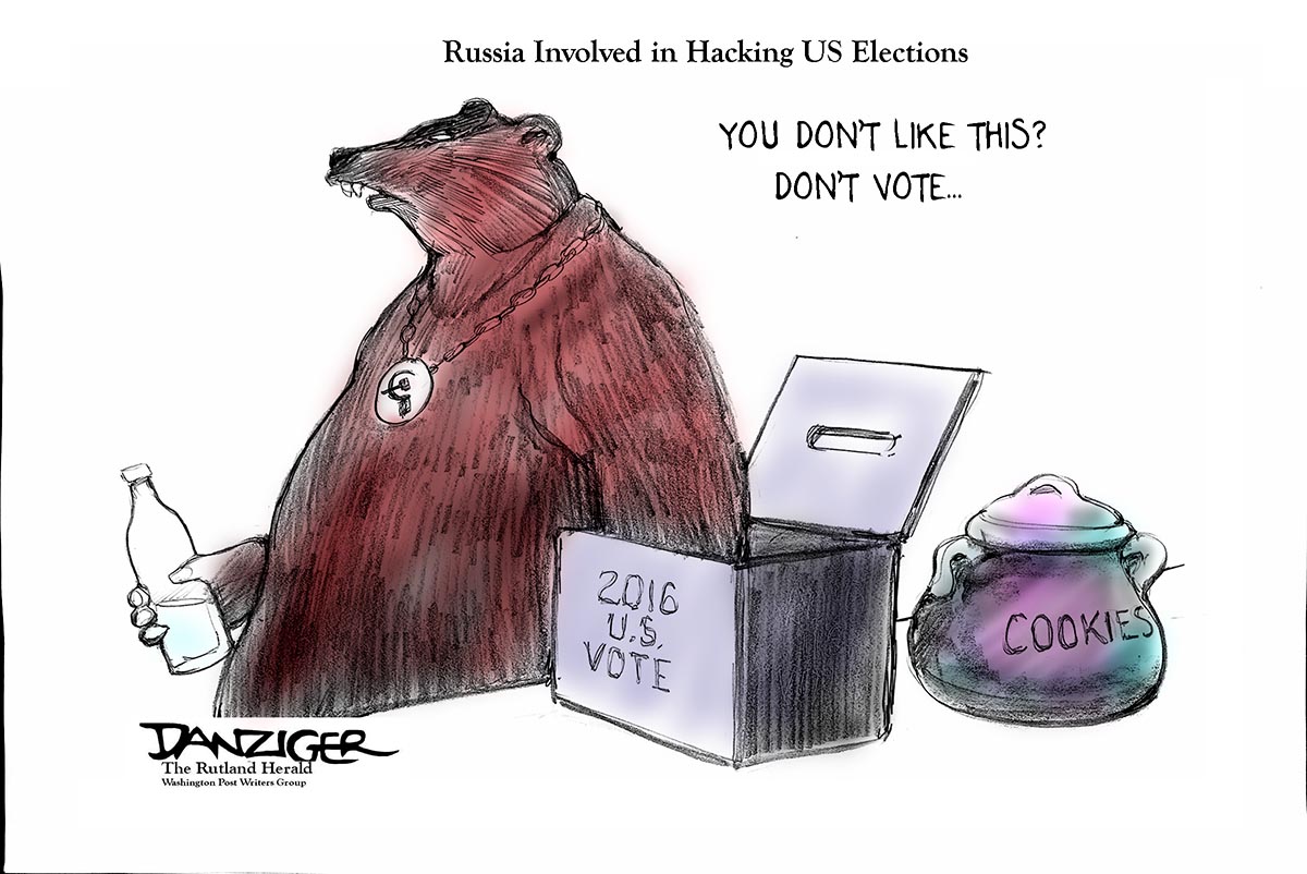 Russia, Putin, Hacking US Elections, Trump link to Putin, political cartoon