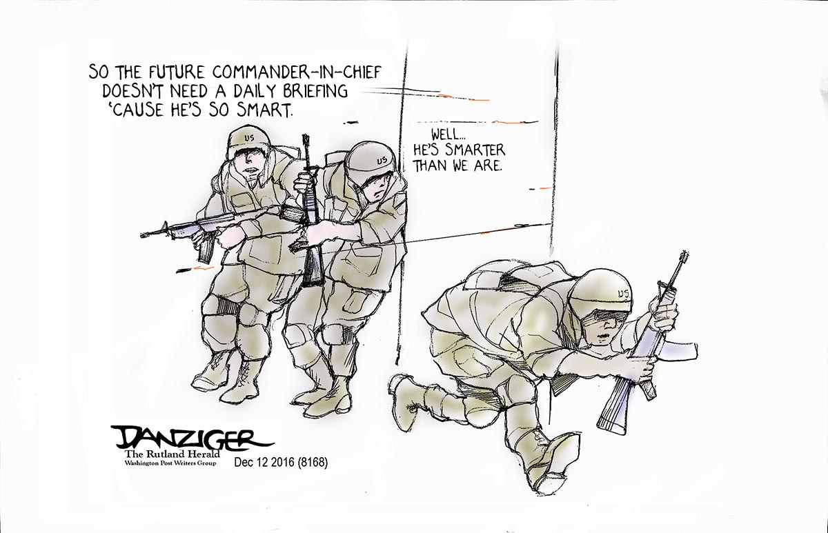 Trump, smart, daily briefing, US troops, political cartoon