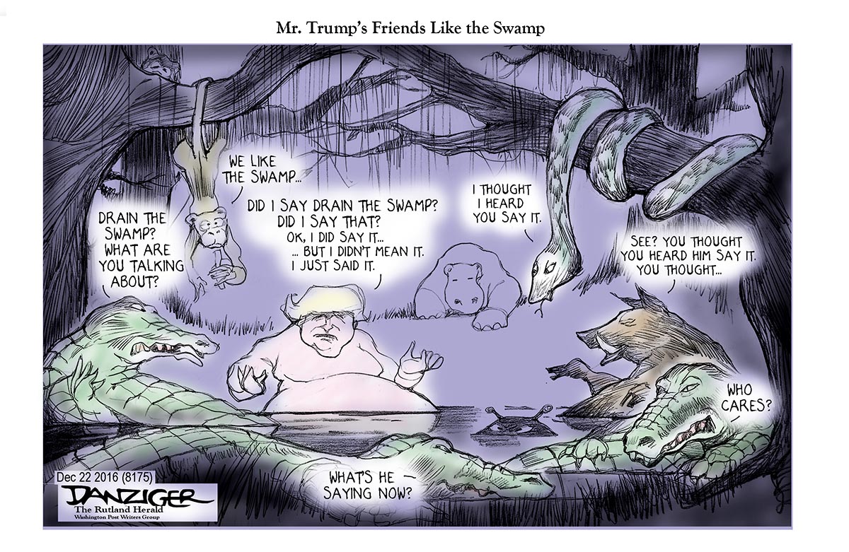 Drain the Swamp, campaign promise, Trump, political cartoon