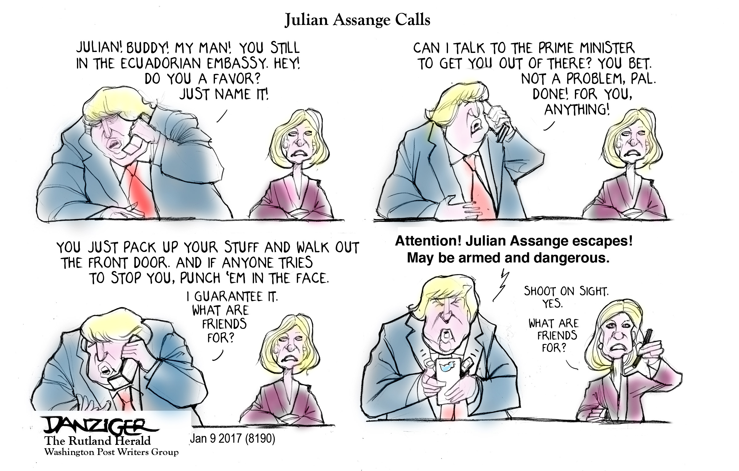 Trump, Kellyanne Conway, Julian Assange, Ecuadorian embassy, political cartoon