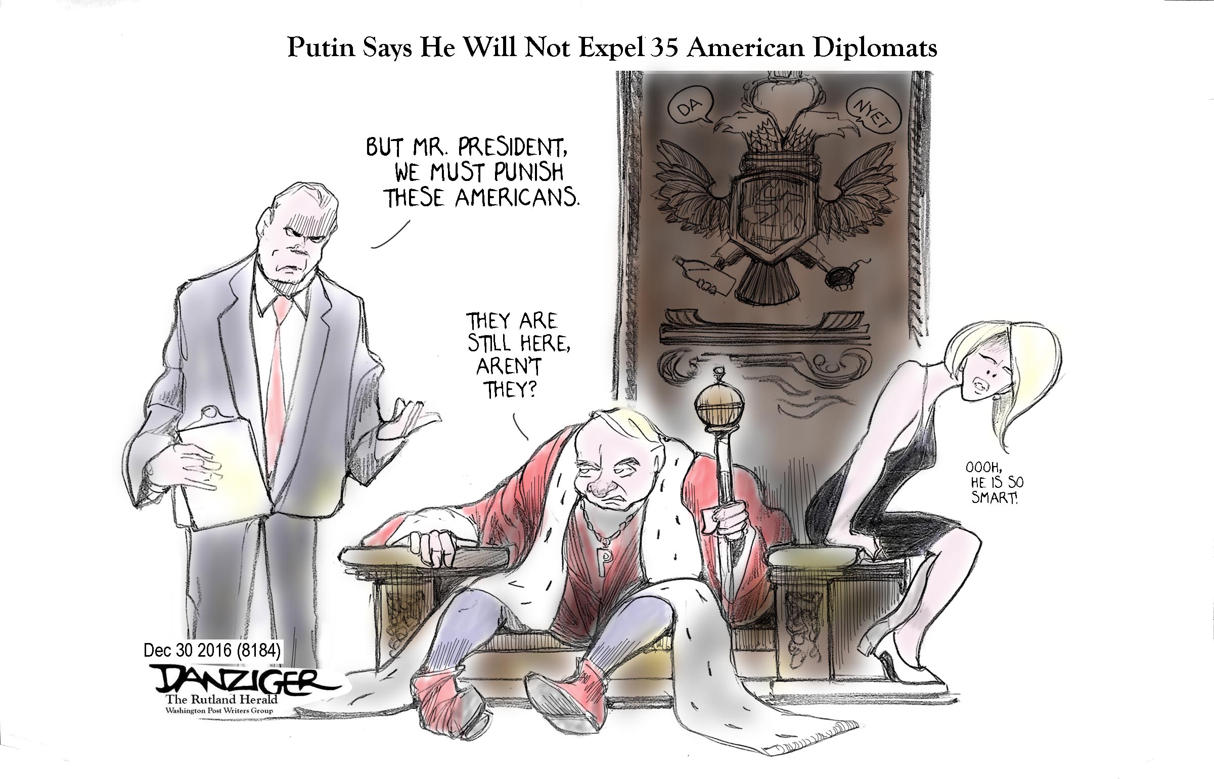Putin, No expel US diplomats, political cartoon