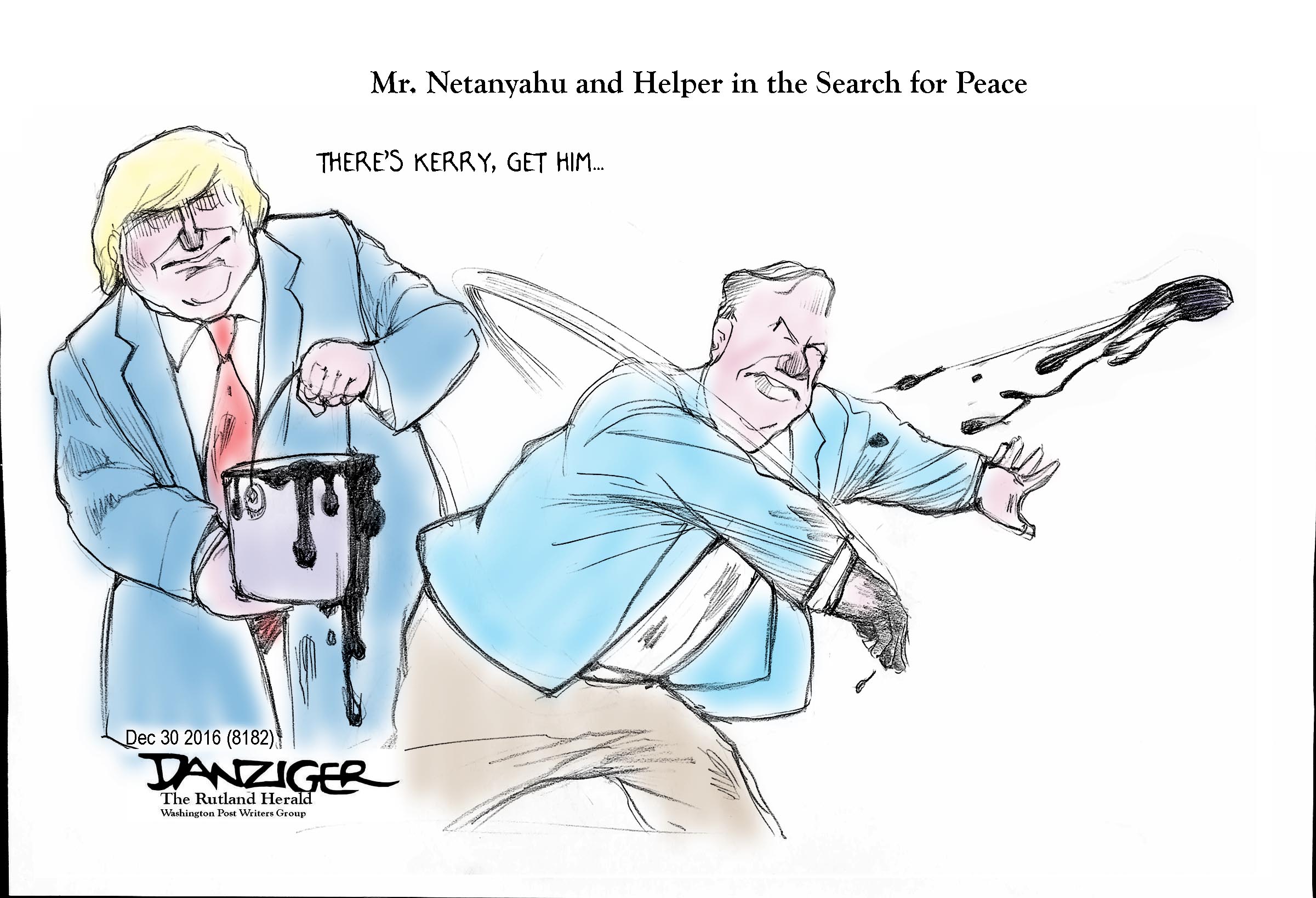 Netanyahu, John Kerry, Trump, political cartoon