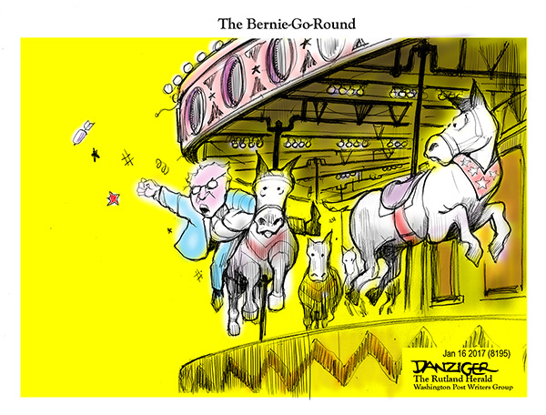 Bernie Sanders, health care, merry-go-round, political cartoon