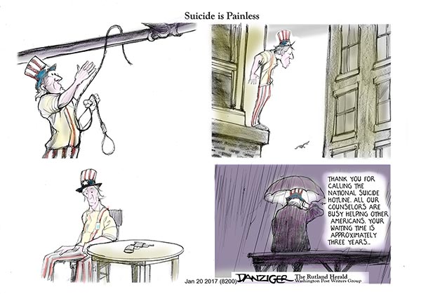 Uncle Sam, USA, Trump administration, suicide, political cartoon