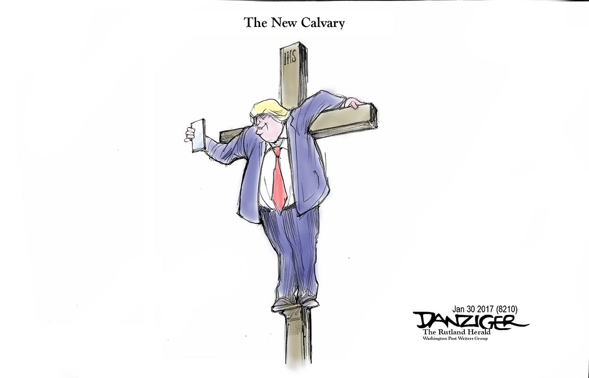 Trump, Christianity, Calvary, cross, political cartoon