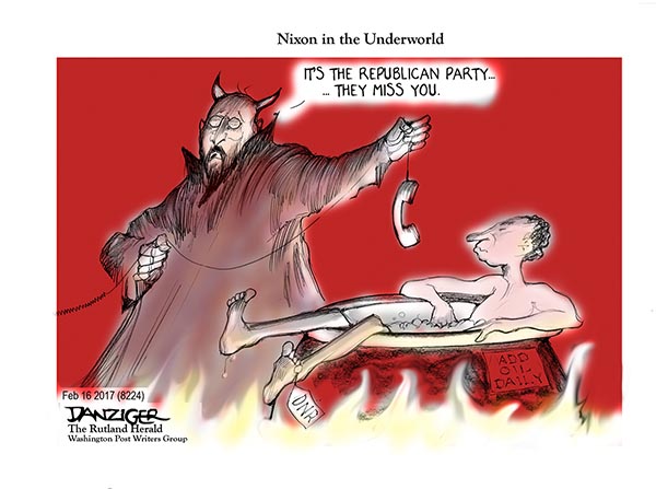 Nixon, Hell, devil, Republican Party, political cartoon