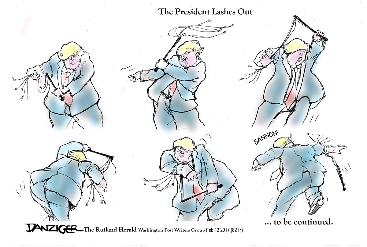 Trump, lashing out, Bannon. political cartoon